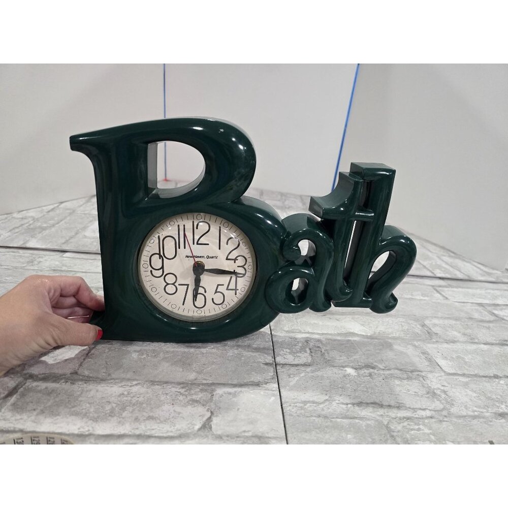 Vintage bathroom clock word clock green wall clock 80s Bath USA Tested Works MCM